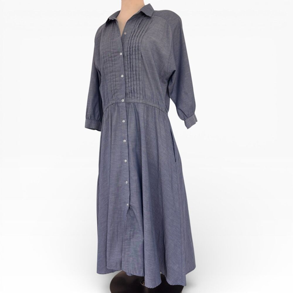 Vintage Womens Chambray Dress 16 Blue Midi Prairie Country Pintuck Button Front